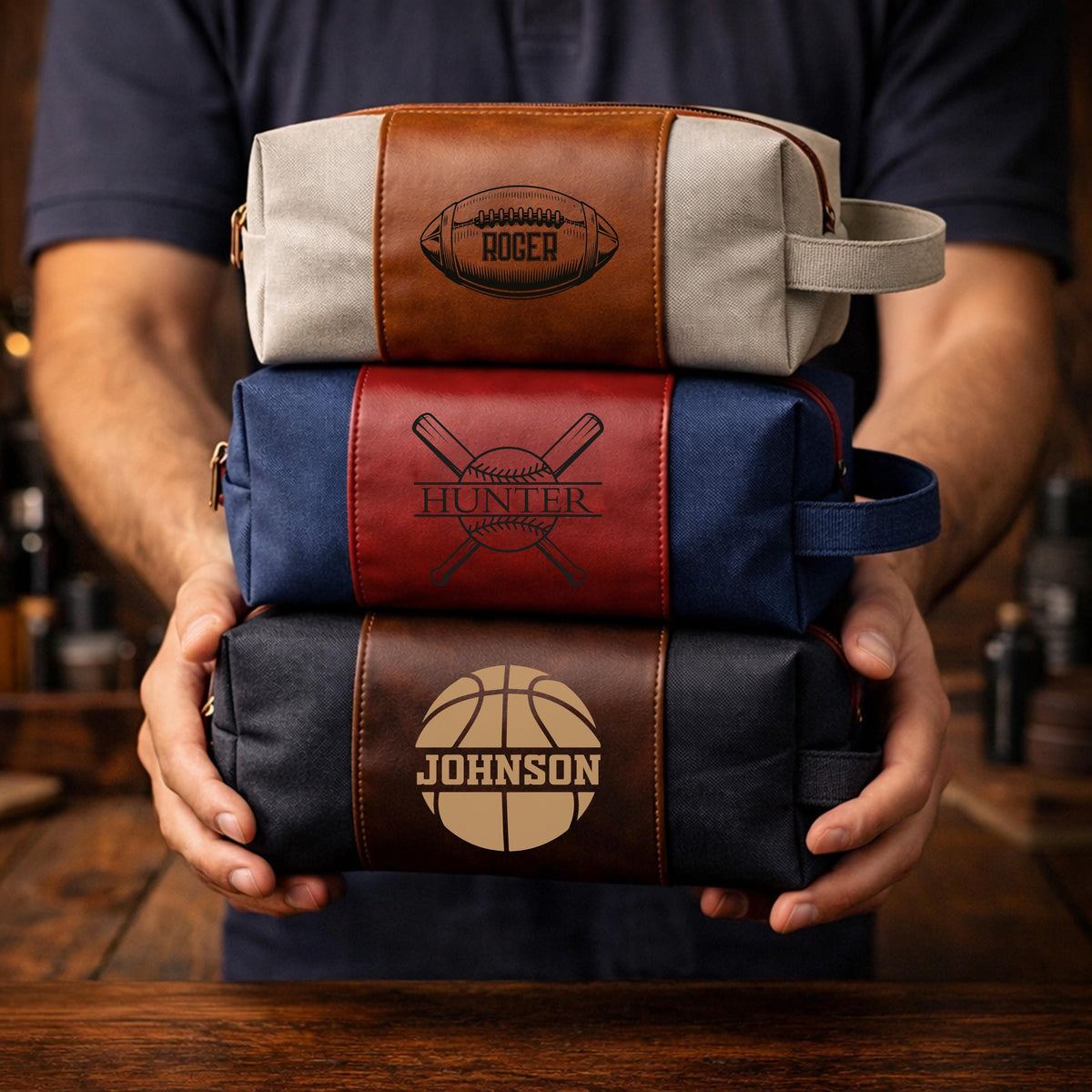Personalized Toiletry Bag with Engraved Sports Design, Custom Dopp Kit