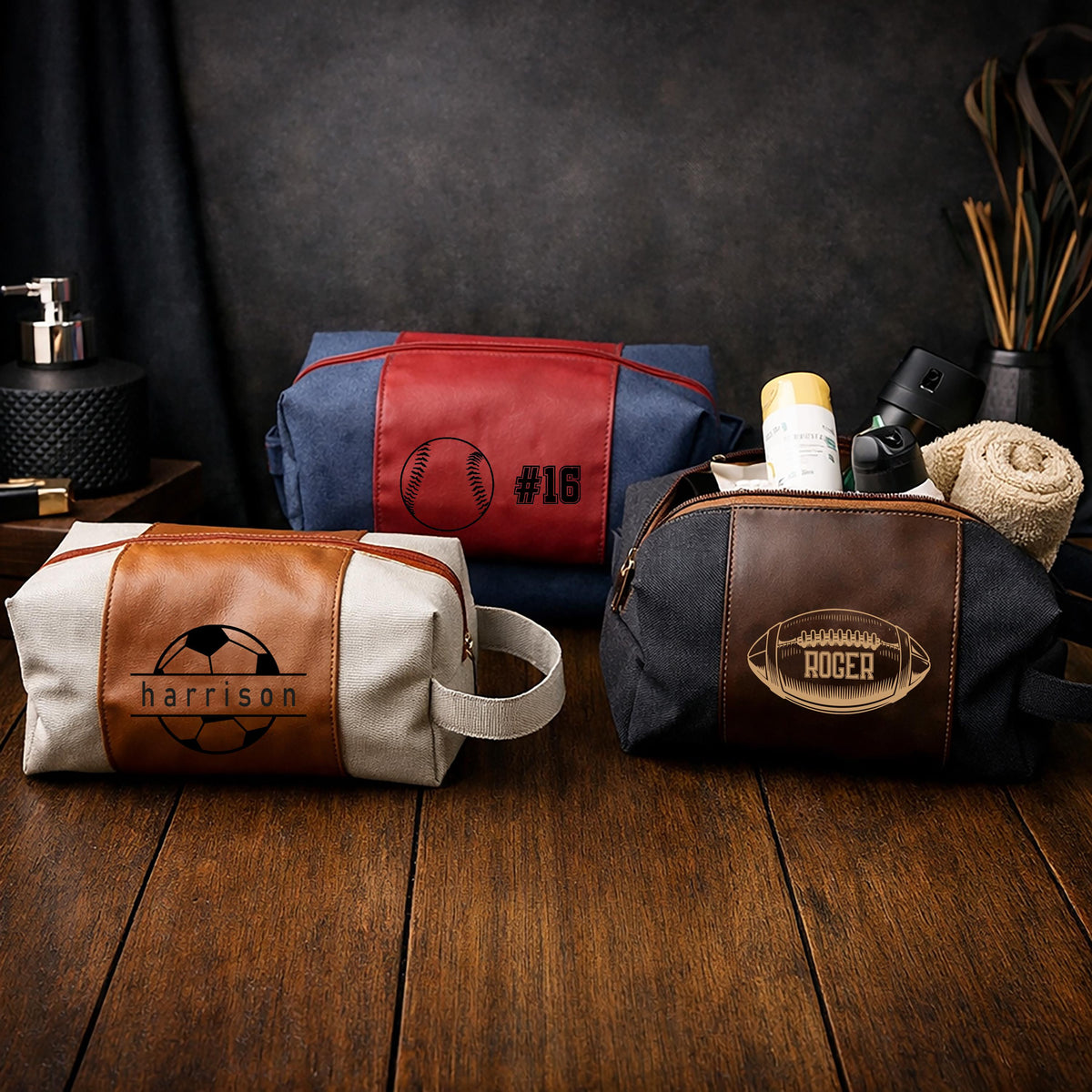 Personalized Toiletry Bag with Engraved Sports Design, Custom Dopp Kit