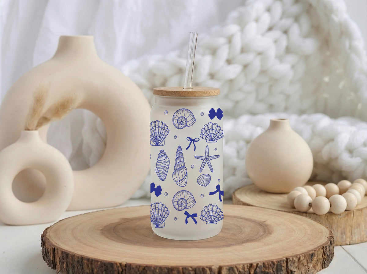 Custom Seashell Glass Tumbler, Beach Theme Iced Coffee Cup, Summer Can Glass