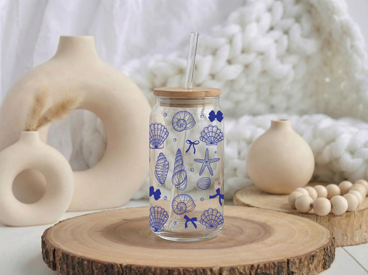 Custom Seashell Glass Tumbler, Beach Theme Iced Coffee Cup, Summer Can Glass