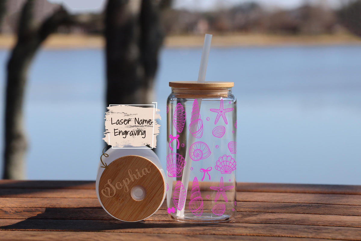 Custom Seashell Glass Tumbler, Beach Theme Iced Coffee Cup, Summer Can Glass