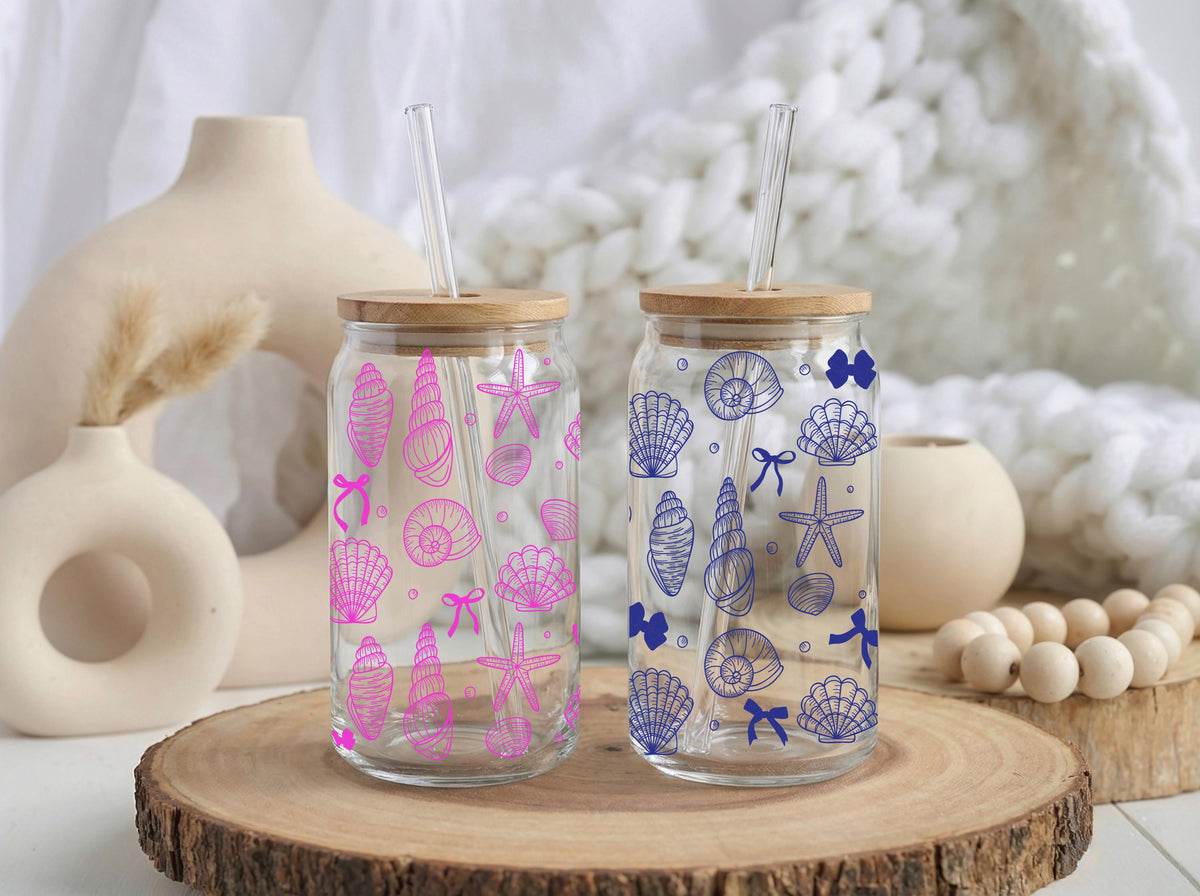 Custom Seashell Glass Tumbler, Beach Theme Iced Coffee Cup, Summer Can Glass