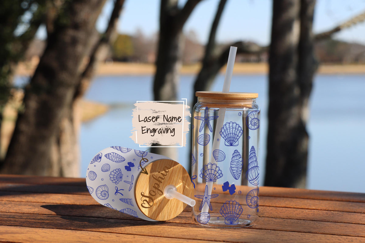 Custom Seashell Glass Tumbler, Beach Theme Iced Coffee Cup, Summer Can Glass