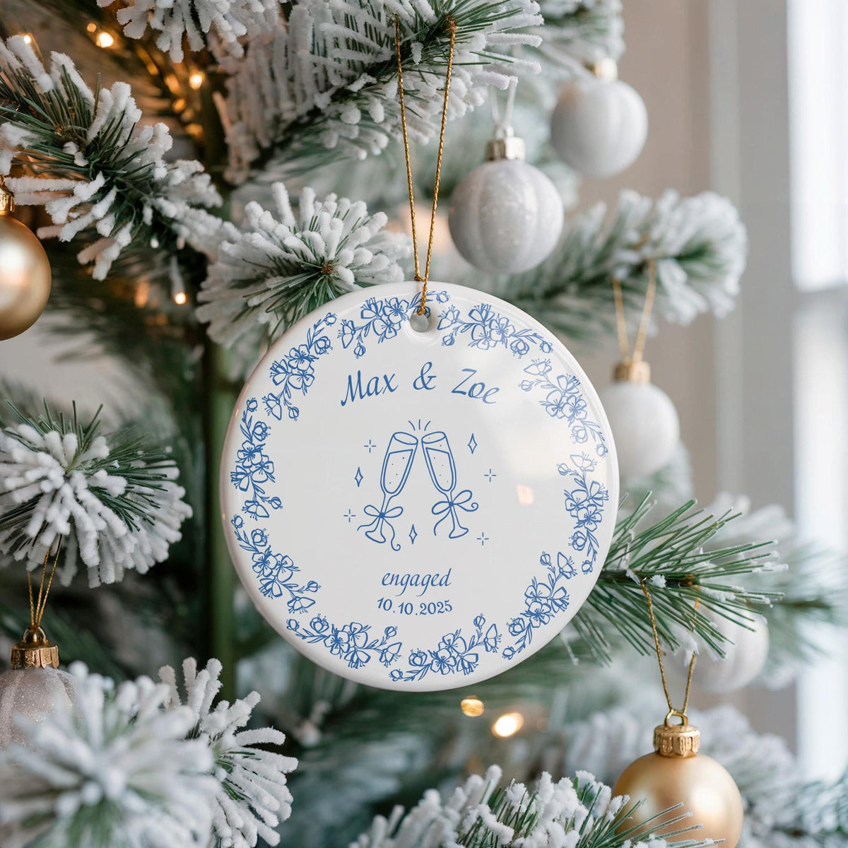Personalized Ceramic Engagement Ornament, Couple Names Date Keepsake, Bridal Shower Gift