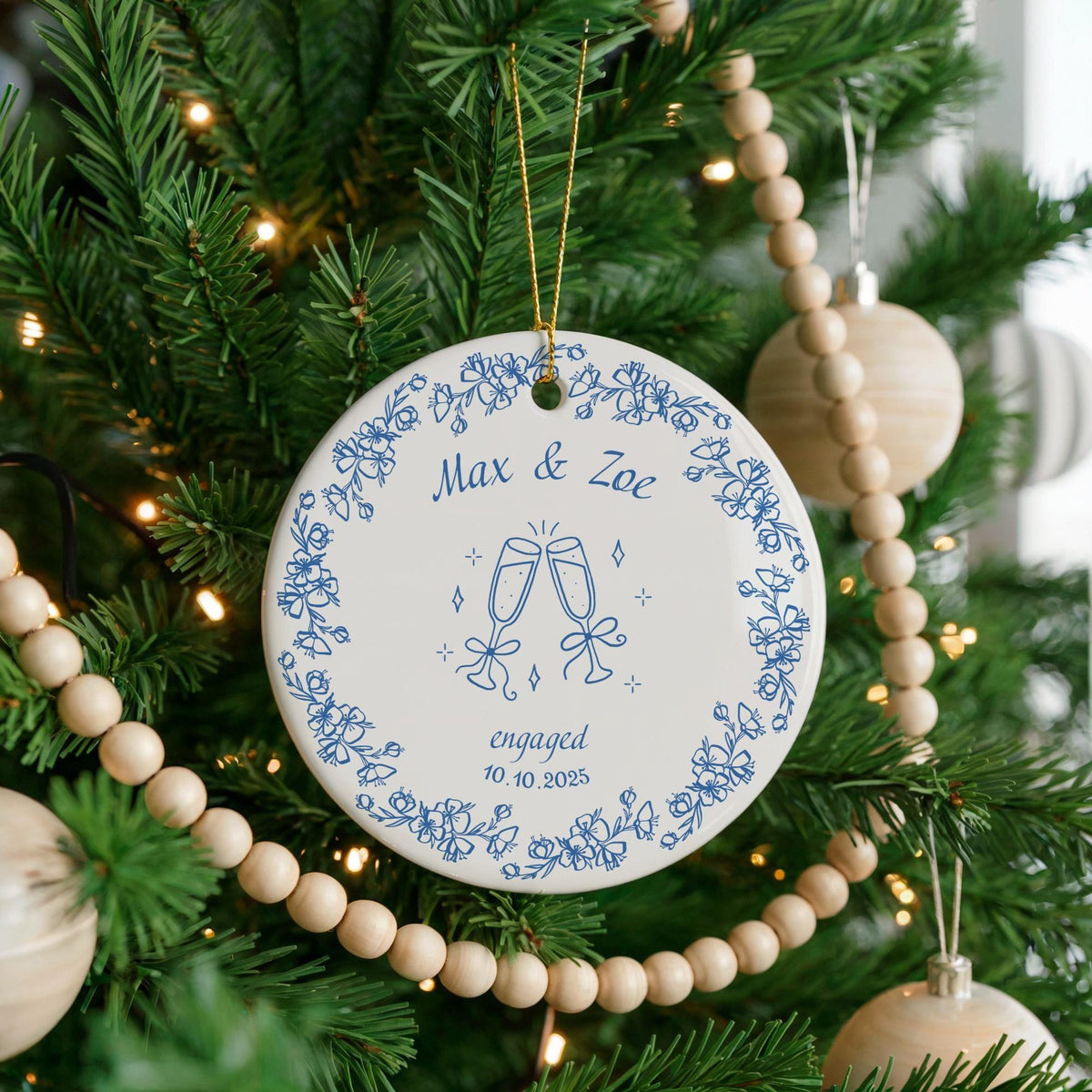Personalized Ceramic Engagement Ornament, Couple Names Date Keepsake, Bridal Shower Gift