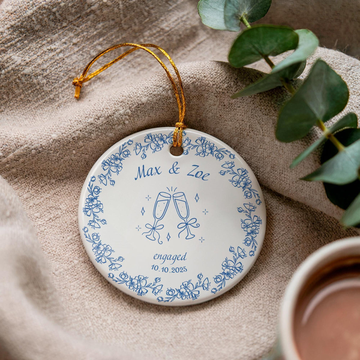 Personalized Ceramic Engagement Ornament, Couple Names Date Keepsake, Bridal Shower Gift