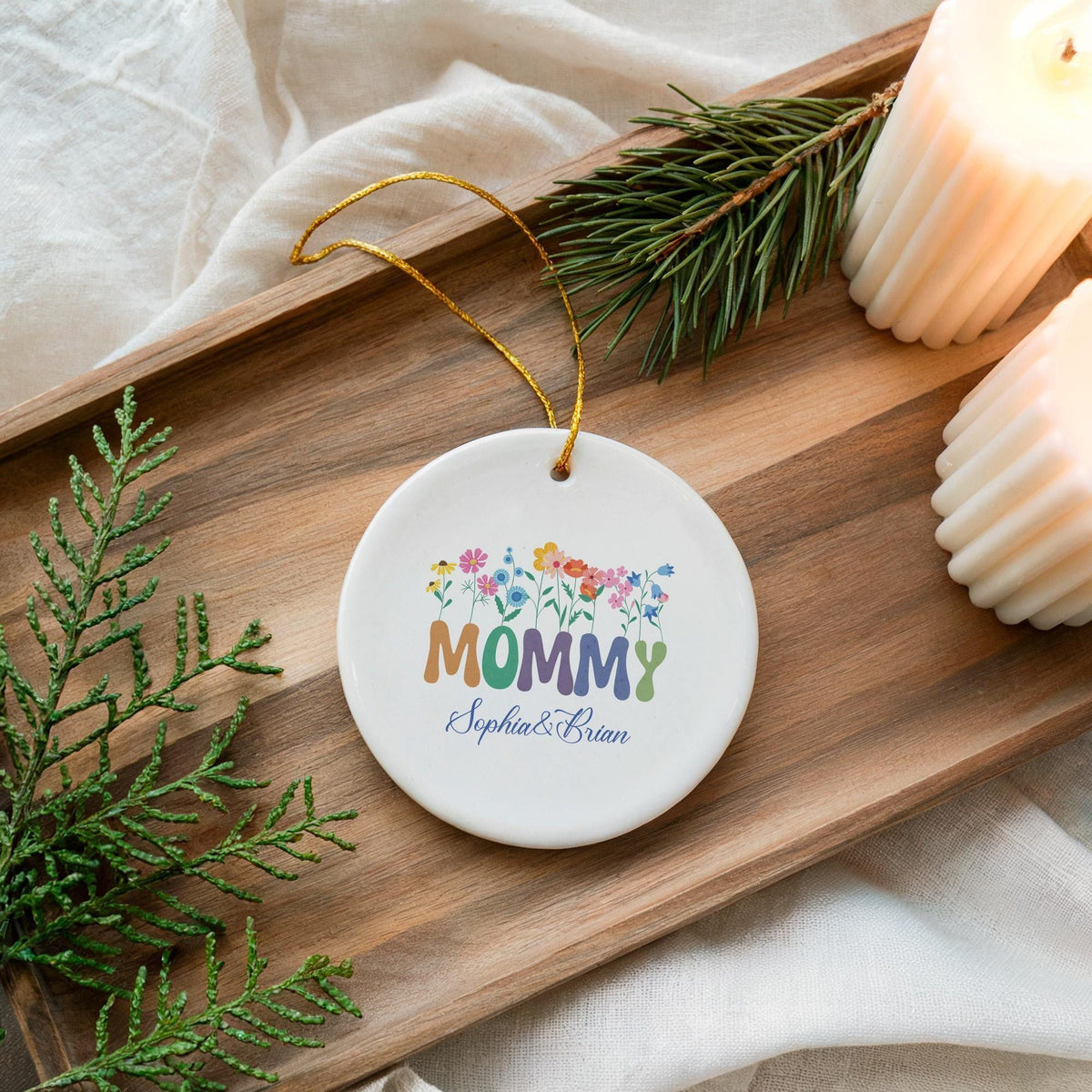 Personalized Floral Mommy Ornament, Custom Kids Names Ceramic Keepsake