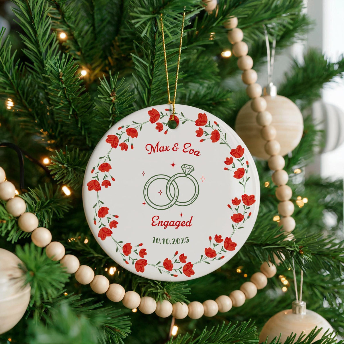 Personalized Engagement Ornament, Couple Names Floral Wreath Keepsake