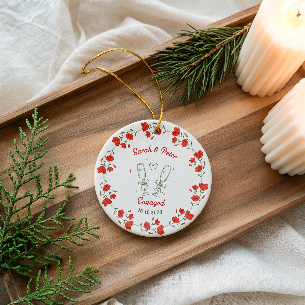 Personalized Engagement Ornament, Couple Names Floral Wreath Keepsake