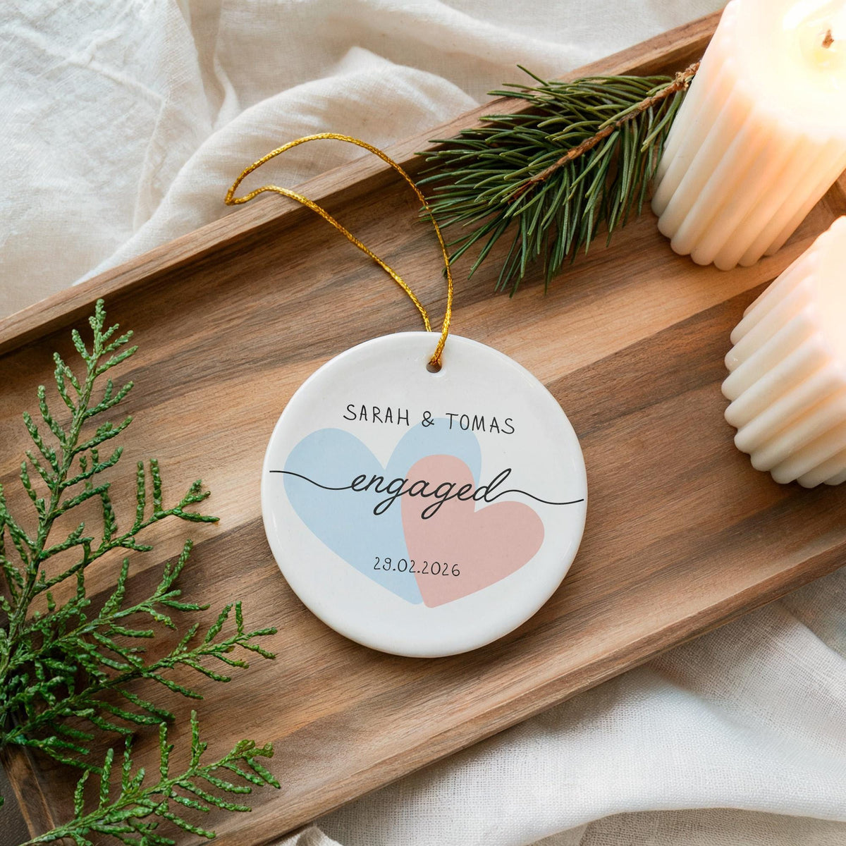 Personalized Engaged Couple Ceramic Ornament, Custom Names Keepsake, Romantic Gift