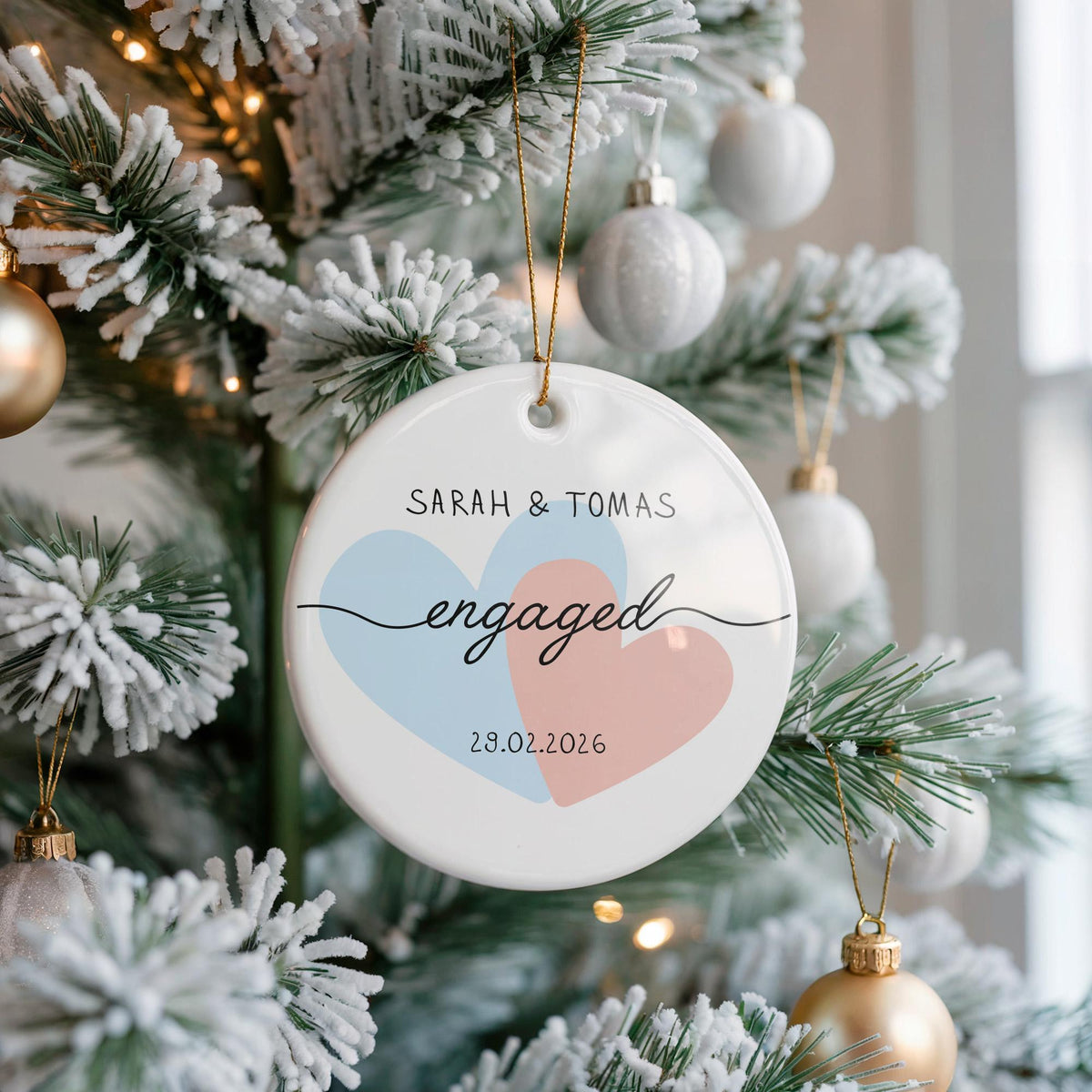 Personalized Engaged Couple Ceramic Ornament, Custom Names Keepsake, Romantic Gift