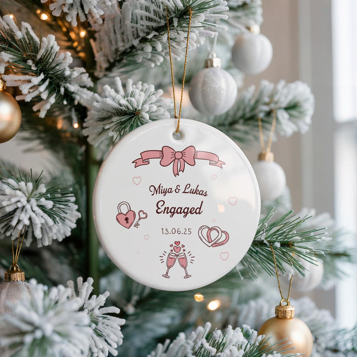 Personalized Ceramic Engagement Ornament, Custom Couple Names Keepsake, Romantic Proposal Gift