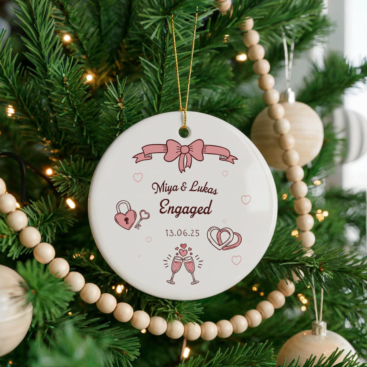 Personalized Ceramic Engagement Ornament, Custom Couple Names Keepsake, Romantic Proposal Gift