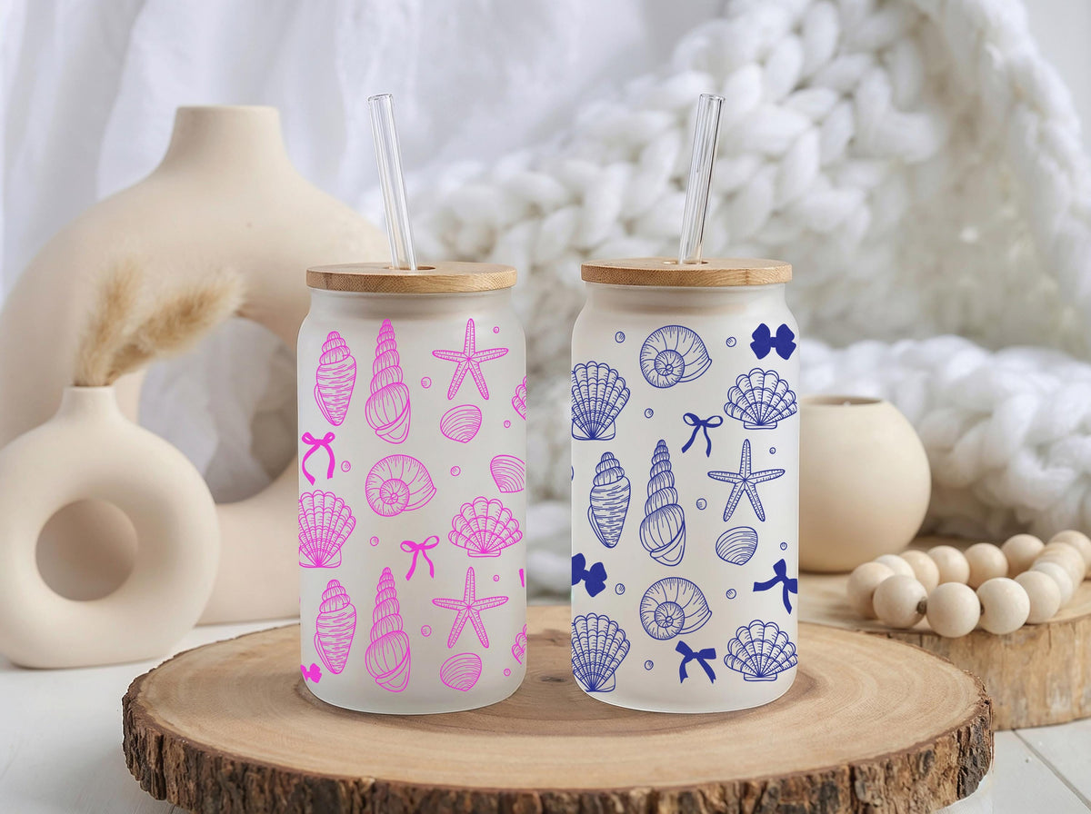 Custom Seashell Glass Tumbler, Beach Theme Iced Coffee Cup, Summer Can Glass
