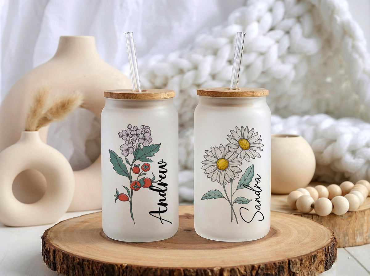Personalized Flower Glass Tumbler, Custom Name Can Glass Cup, Floral Iced Coffee Tumbler