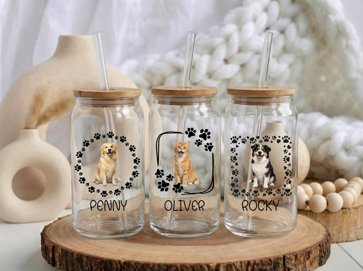 Custom Pet Photo Glass Tumbler, Personalized Cat Dog Coffee Cup
