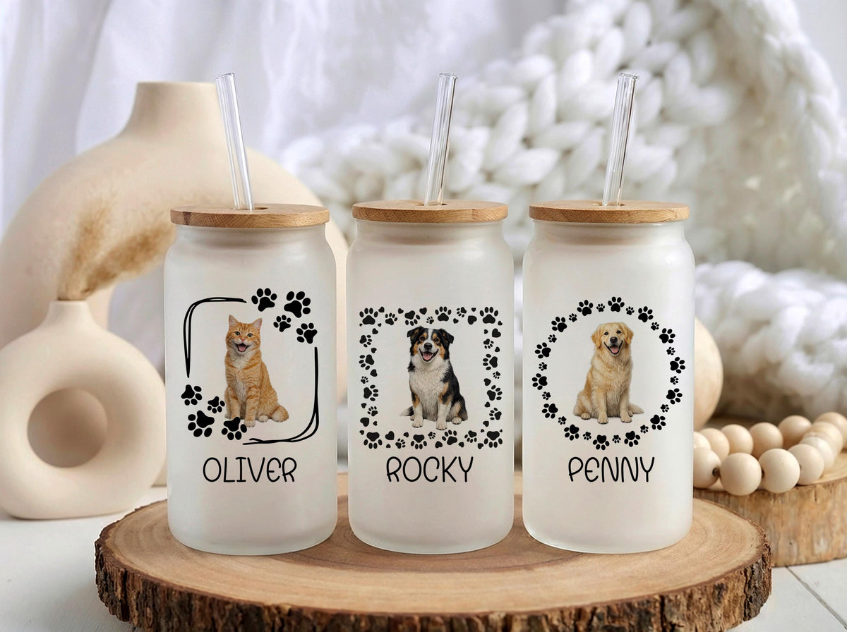 Custom Pet Photo Glass Tumbler, Personalized Cat Dog Coffee Cup