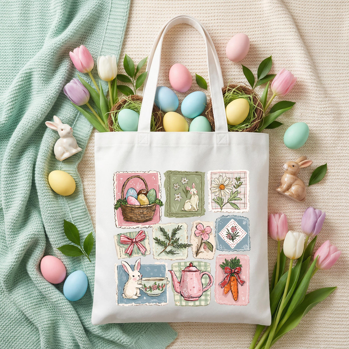 Easter Eggs Tote Bag, Coquette Bunny Gift Tote, Happy Easter Bags