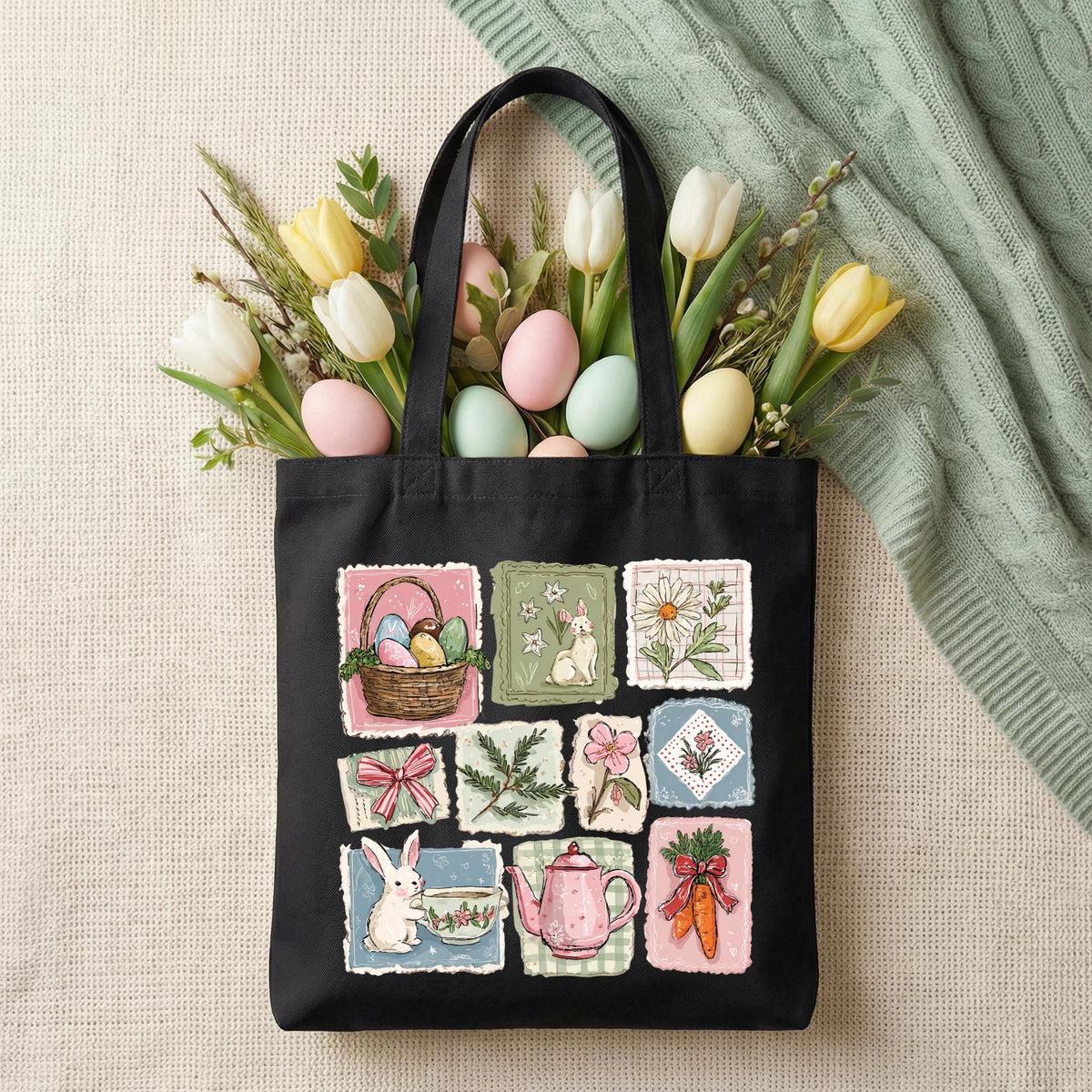Easter Eggs Tote Bag, Coquette Bunny Gift Tote, Happy Easter Bags