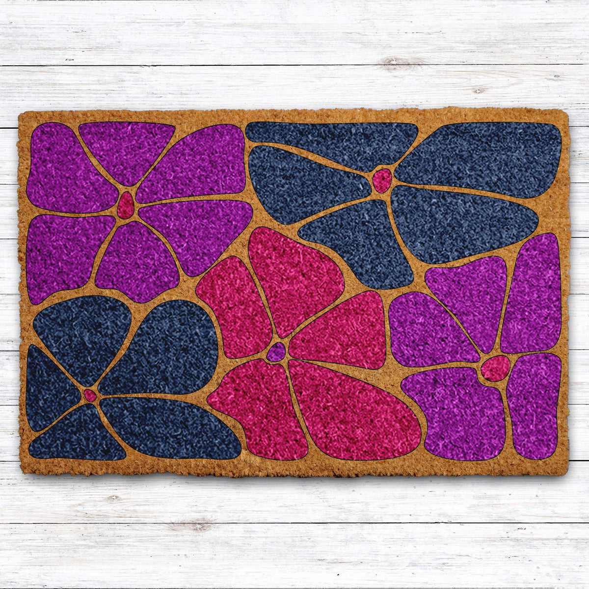 Deep Blue and Pink Floral Welcome Mat, Abstract Botanical Naturel Coir Doormat