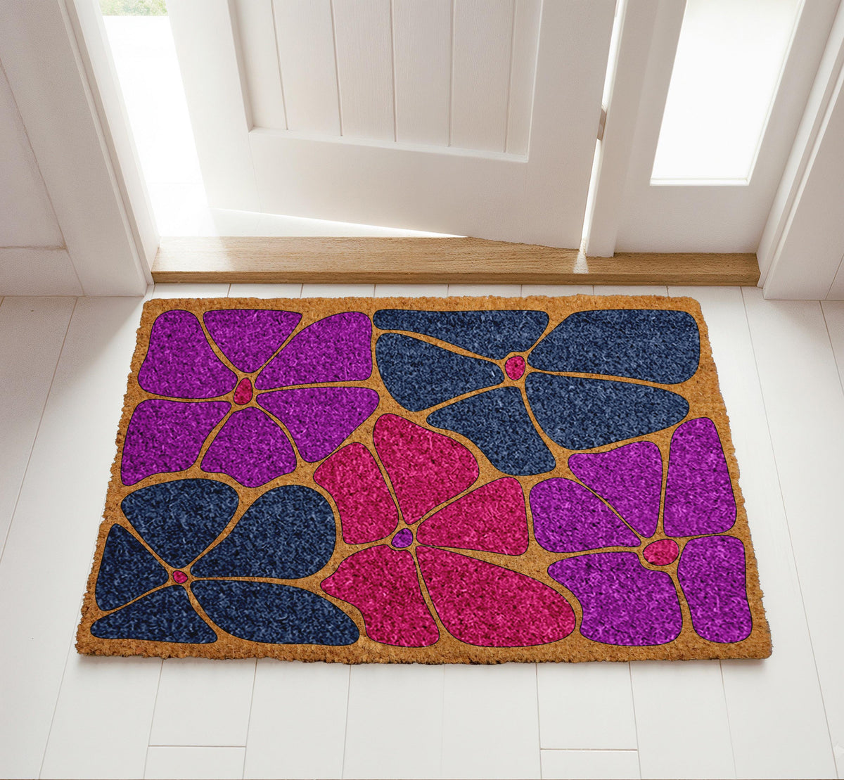 Deep Blue and Pink Floral Welcome Mat, Abstract Botanical Naturel Coir Doormat