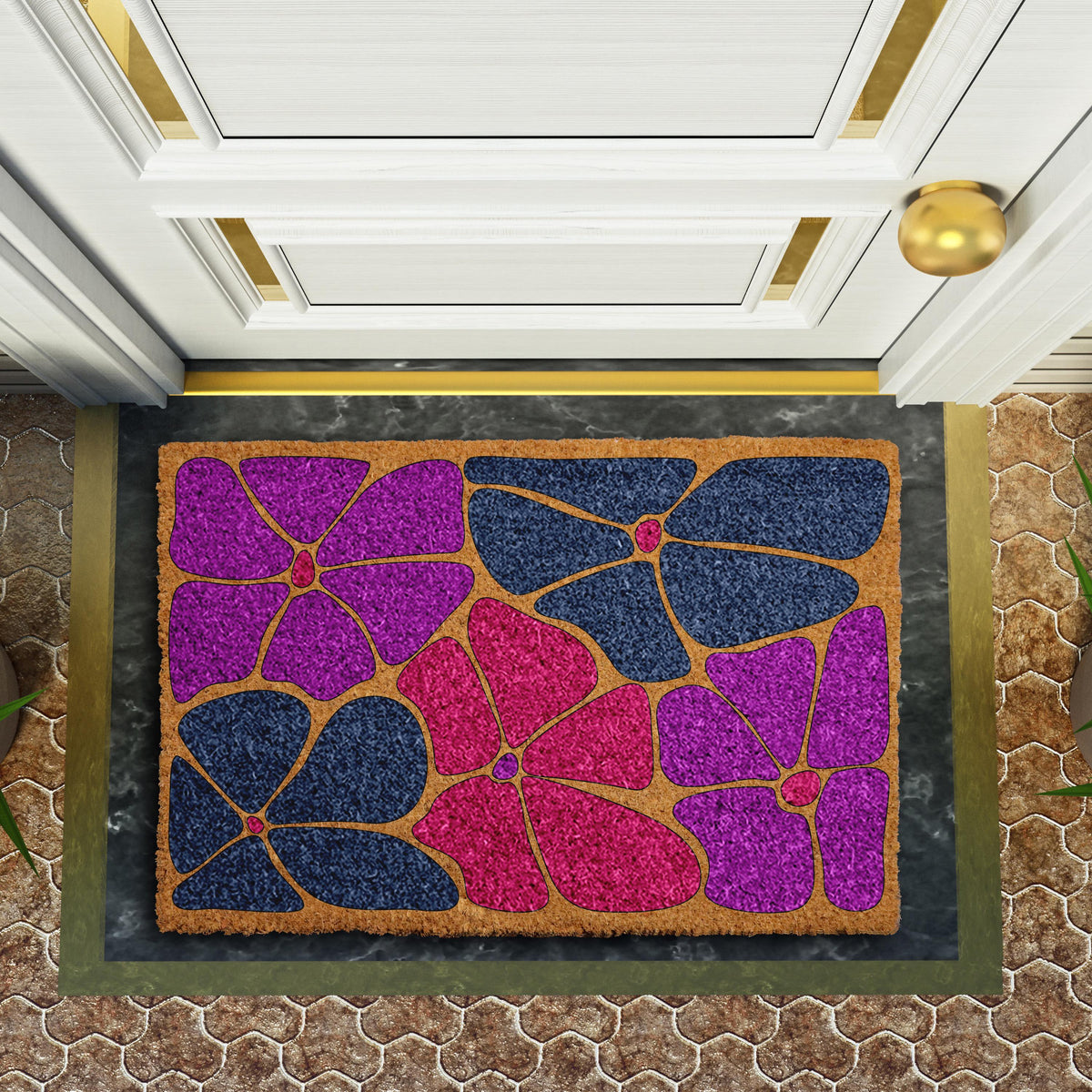 Deep Blue and Pink Floral Welcome Mat, Abstract Botanical Naturel Coir Doormat