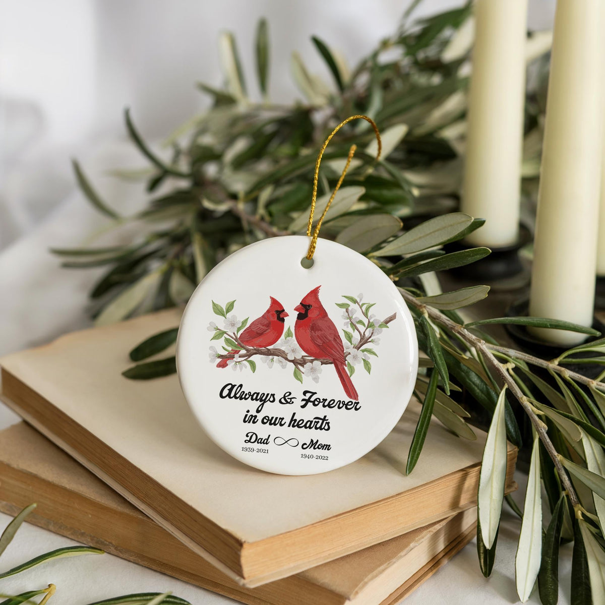 Always & Forever In Our Hearts Ornament, Personalized Red Cardinal Memorial Keepsake
