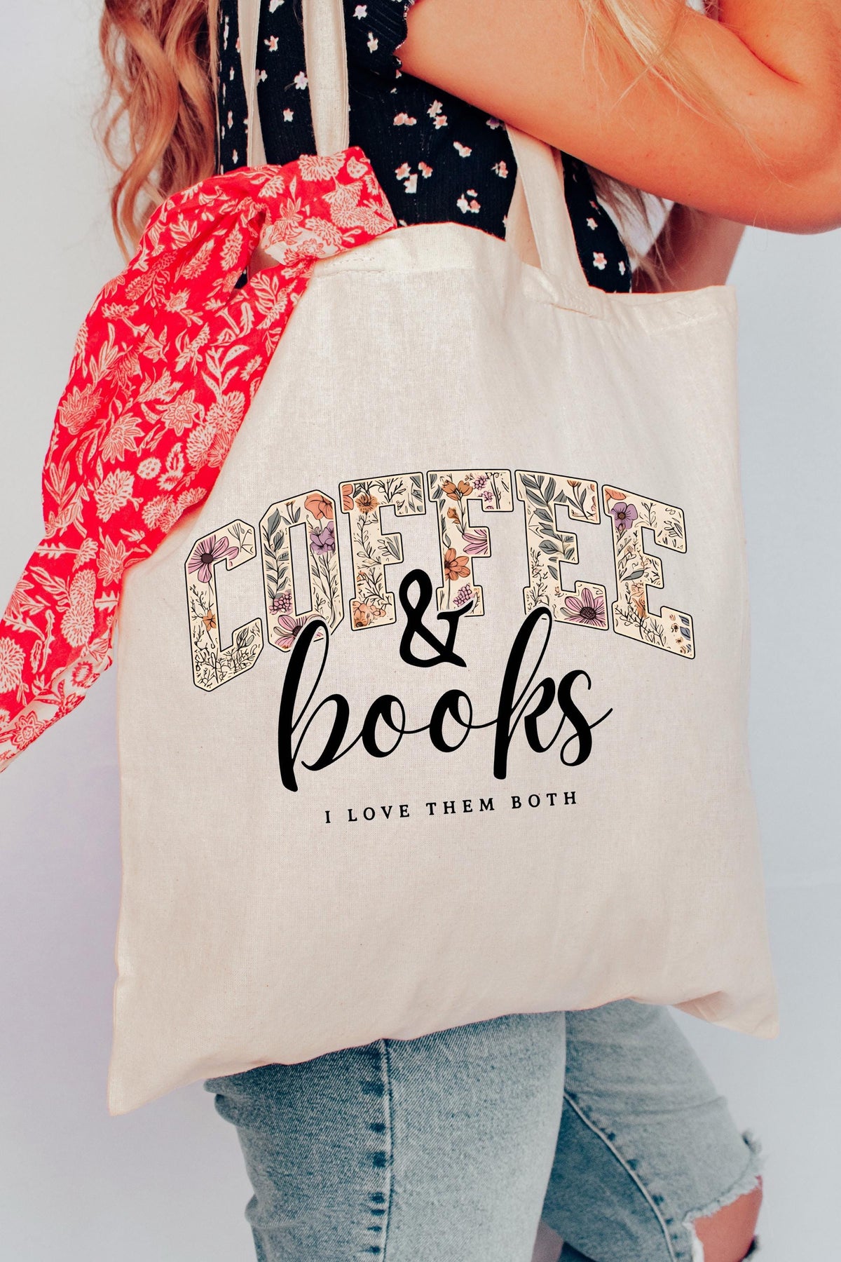 Coffee and Books Tote Bag, Floral Bookish Tote Bag, Coffee Lover Bag, Bookworm Gift Tote