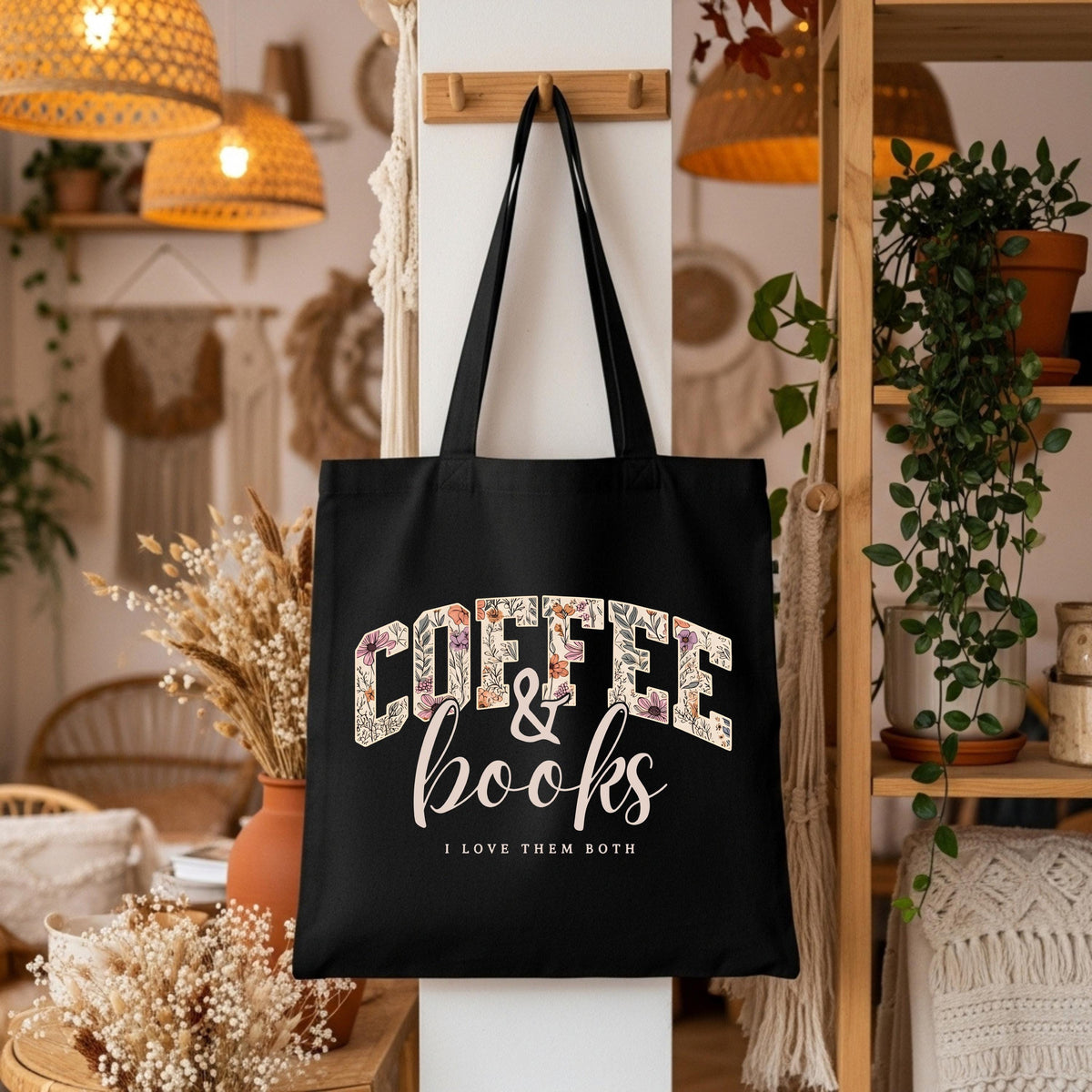 Coffee and Books Tote Bag, Floral Bookish Tote Bag, Coffee Lover Bag, Bookworm Gift Tote
