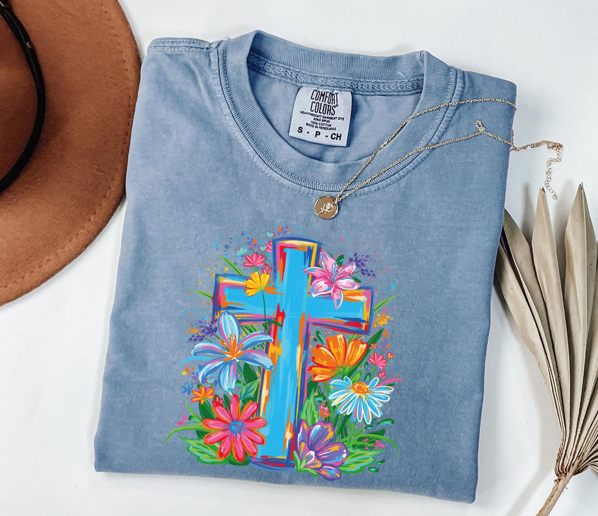 Comfort Colors® Floral Cross Shirt, Christian Women Tee, Boho Religious Mom Gift