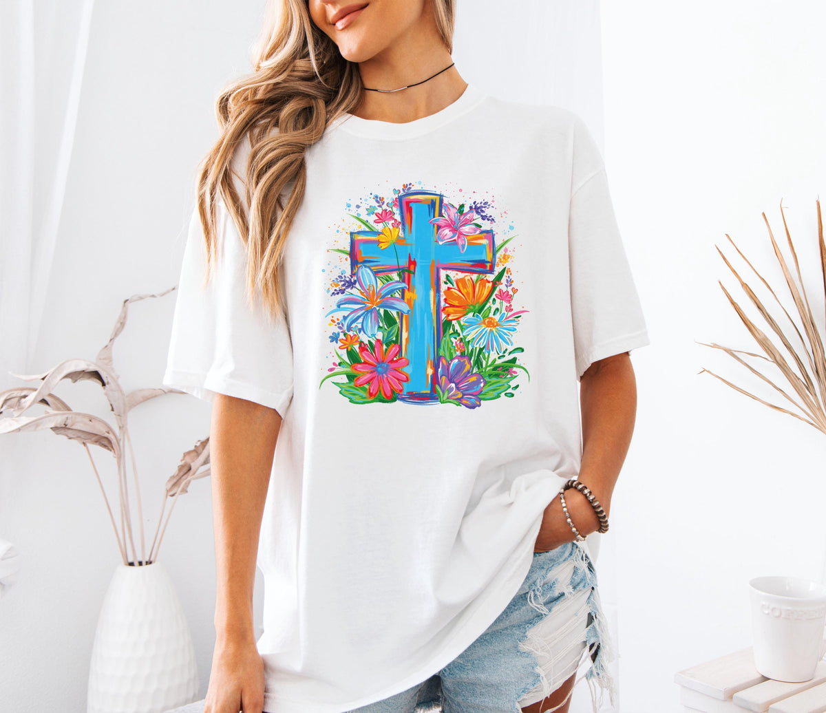 Comfort Colors® Floral Cross Shirt, Christian Women Tee, Boho Religious Mom Gift