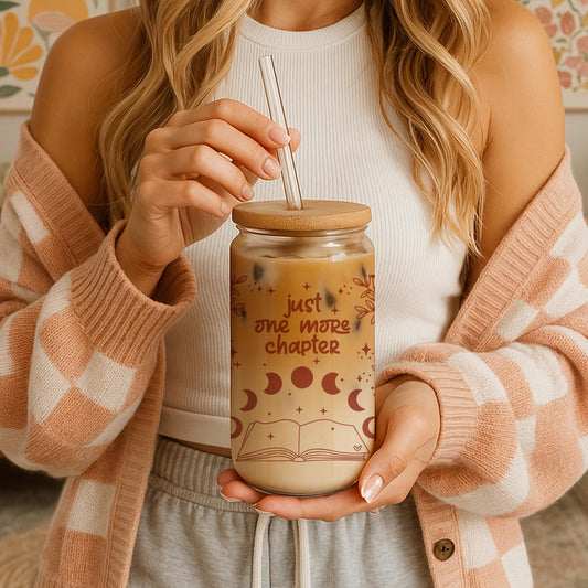 Just One More Chapter Iced Coffee Cup, Aesthetic Moon Phases Bookish Can Glass Tumbler