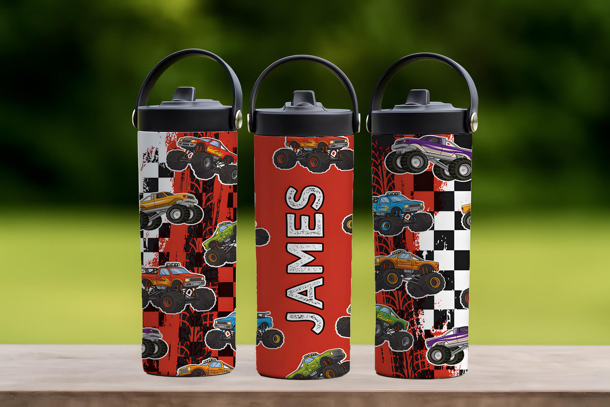 Custom Monster Truck Steel Tumbler with Handle, Race Car Bottle for Kids