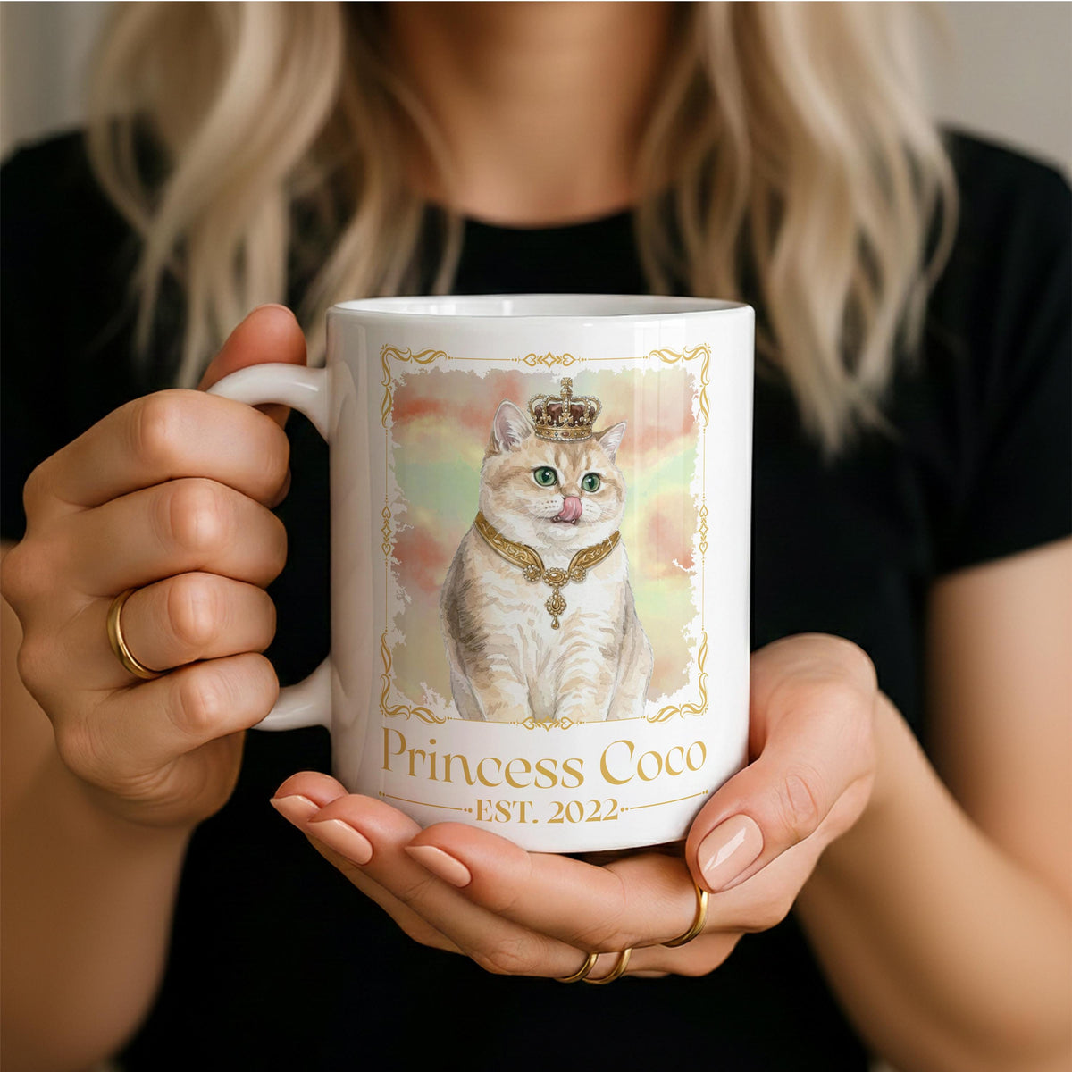 Custom Royal Cat Photo Mug, Personalized Princess Pet Watercolor Portrait Cup, New Kitten Adoption Gift, Est. Year Cats Owner Present