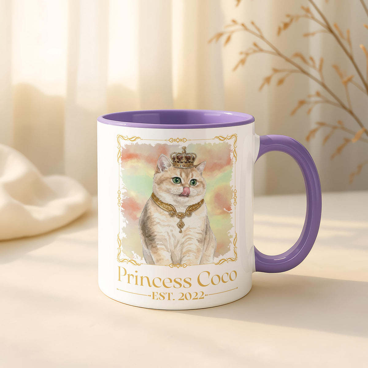 Custom Royal Dog Photo Mug, Personalized Princess Pet Watercolor Portrait Cup, New Puppy Adoption Gift, Est. Year Dogs Owner Present