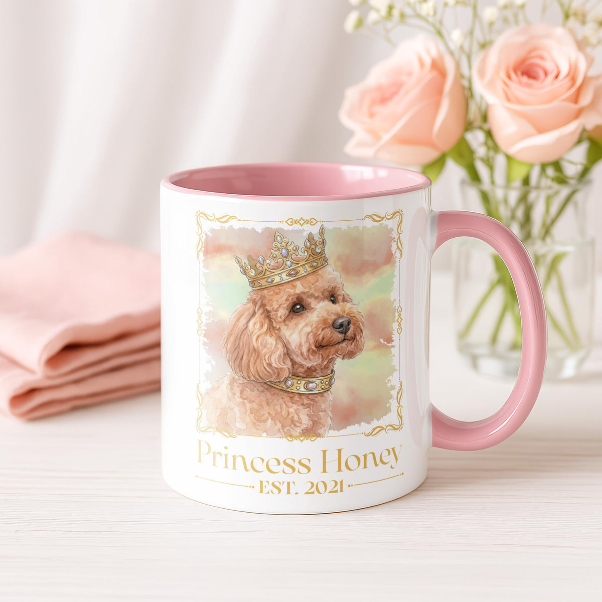 Custom Royal Cat Photo Mug, Personalized Princess Pet Watercolor Portrait Cup, New Kitten Adoption Gift, Est. Year Cats Owner Present