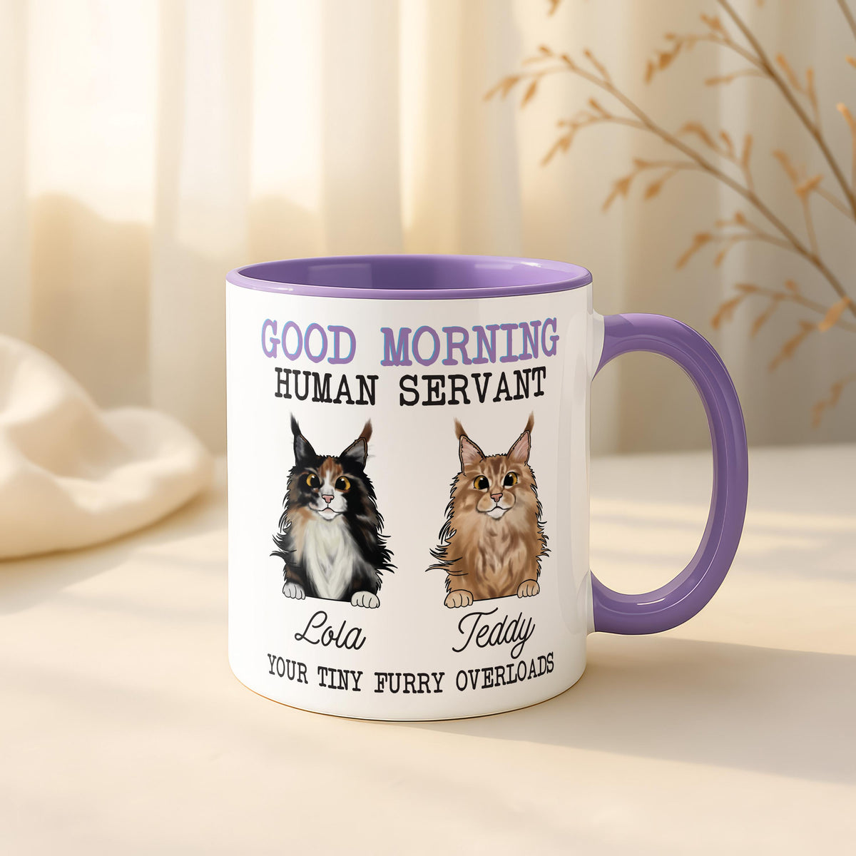 Good Morning Human Servant Mug, Personalized Cat Name Cup, Funny Cats Lover Gift, Pet Mom Present