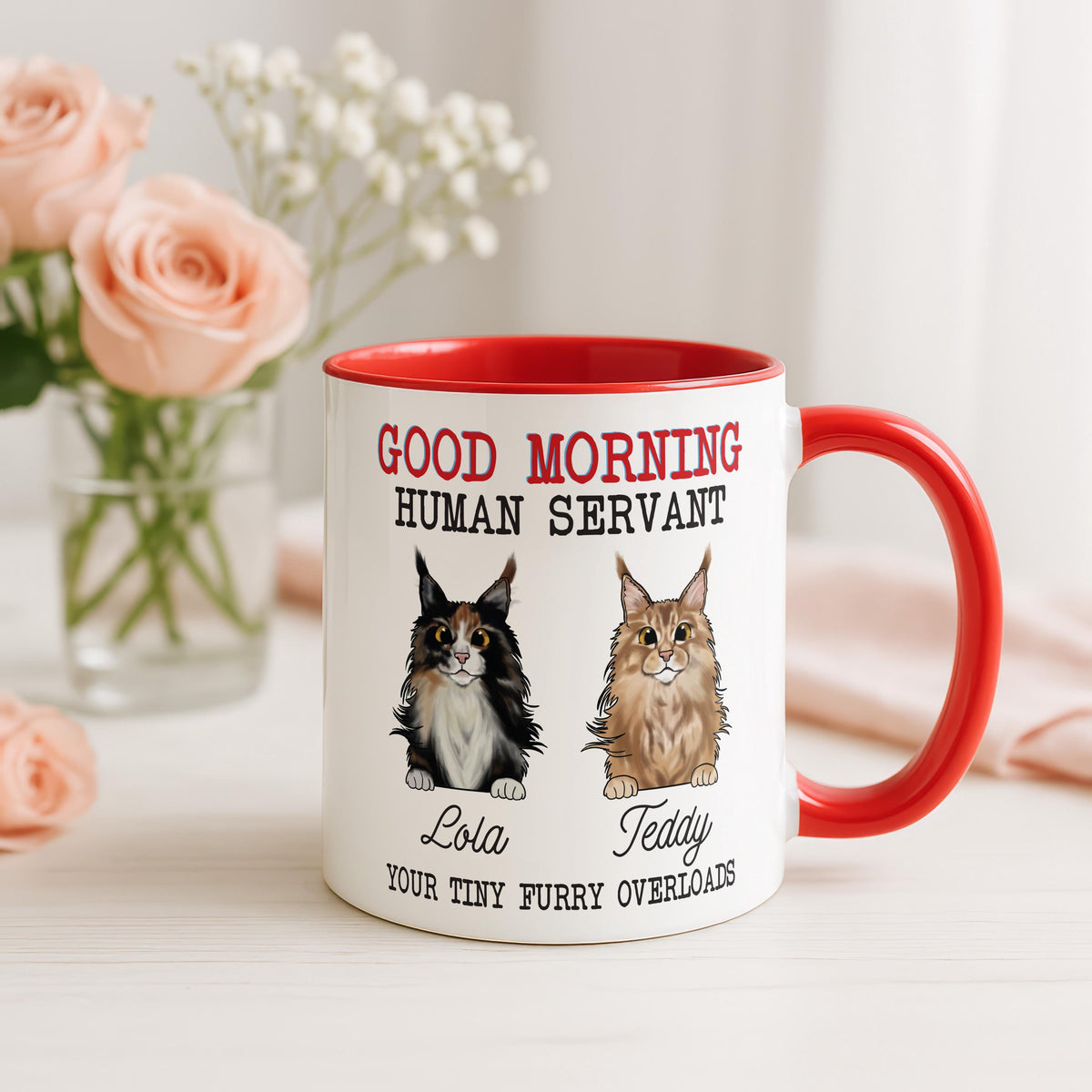 Good Morning Human Servant Mug, Personalized Cat Name Cup, Funny Cats Lover Gift, Pet Mom Present
