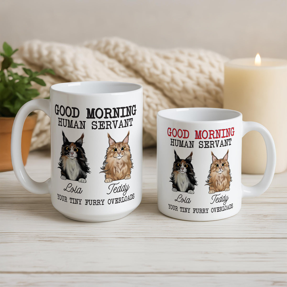 Good Morning Human Servant Mug, Personalized Cat Name Cup, Funny Cats Lover Gift, Pet Mom Present