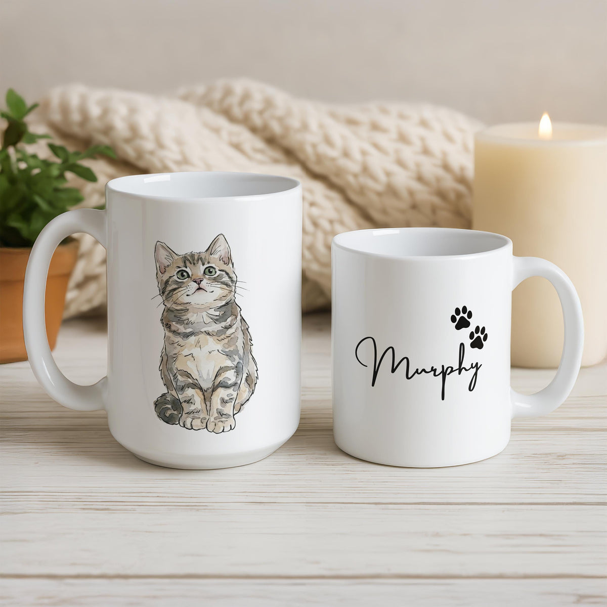 Custom Watercolor Pet Photo Mug, Personalized Cat Portrait & Name Cup, Cats Lover Gift, Paw Print Design Ceramic Cups, Kitten Owner Present