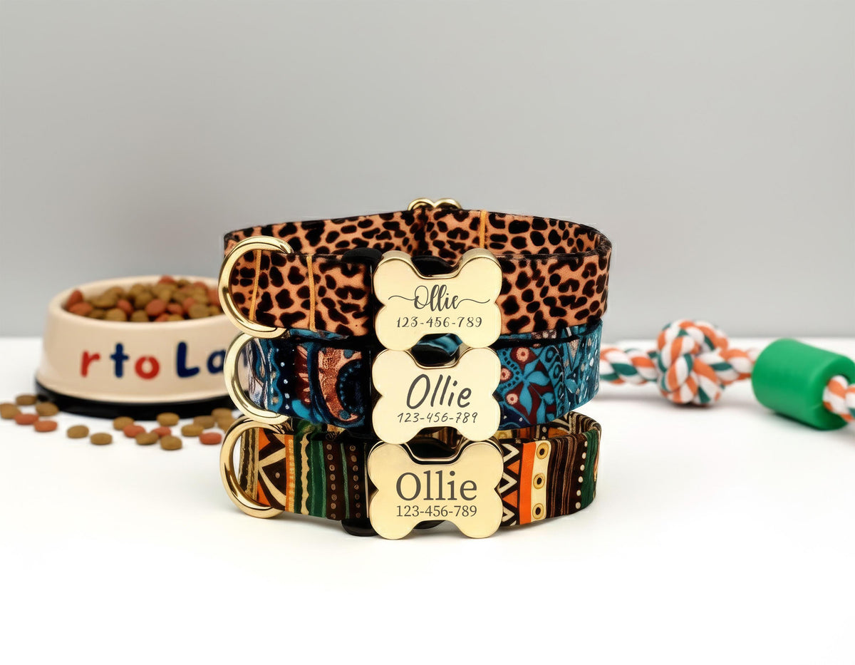 Custom Dog Collar with Engraved Name Plate, Personalized Boho Dog Collar, Leopard Print Pet Collar, Engraved Bone ID Tag Collar
