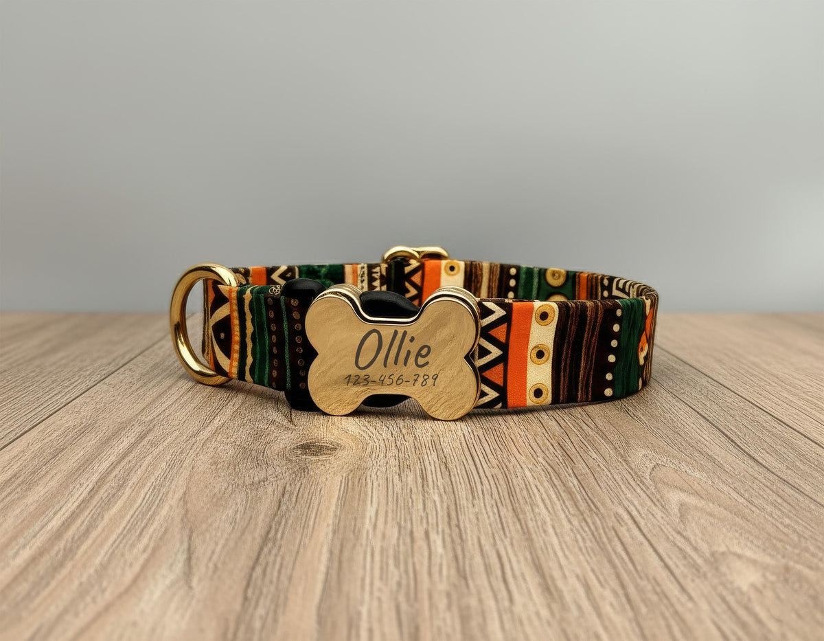 Custom Dog Collar with Engraved Name Plate, Personalized Boho Dog Collar, Leopard Print Pet Collar, Engraved Bone ID Tag Collar