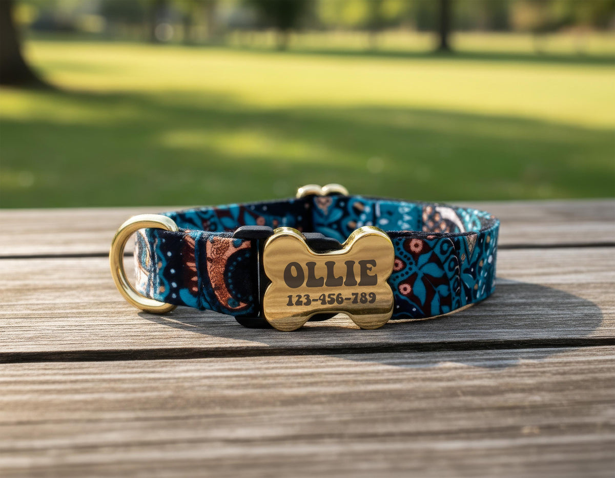 Custom Dog Collar with Engraved Name Plate, Personalized Boho Dog Collar, Leopard Print Pet Collar, Engraved Bone ID Tag Collar