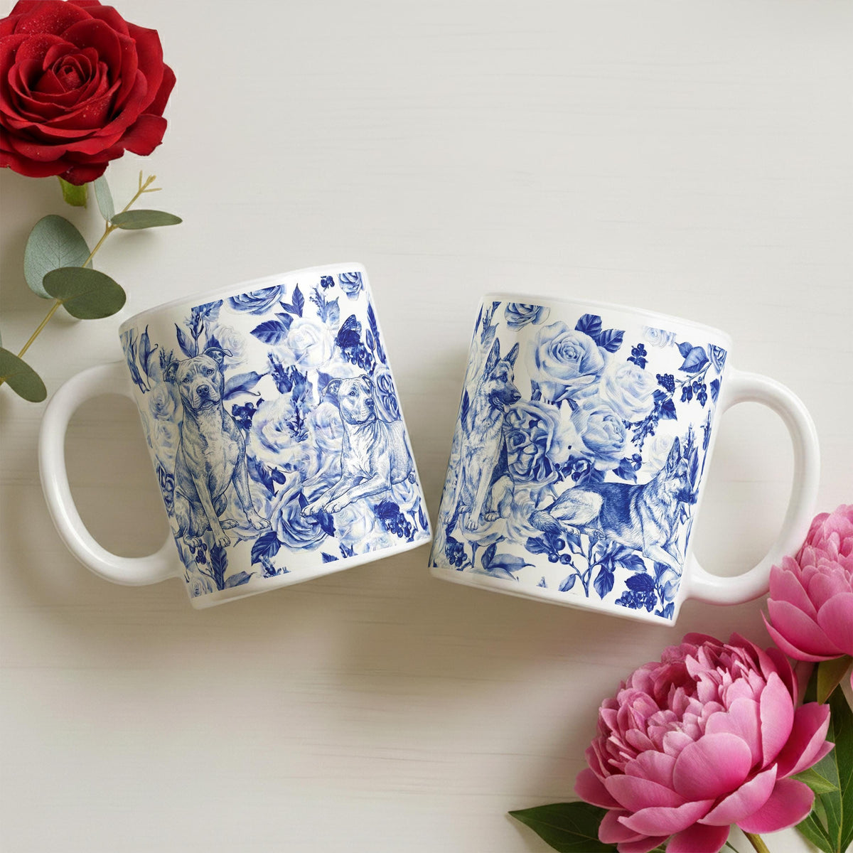 Chinoiserie Ceramic Mug, Pomeranian Coffee Cup, Dog Mom Gift, Vintage Blue Floral Pet Mug, Dog Lovers and Owners Present
