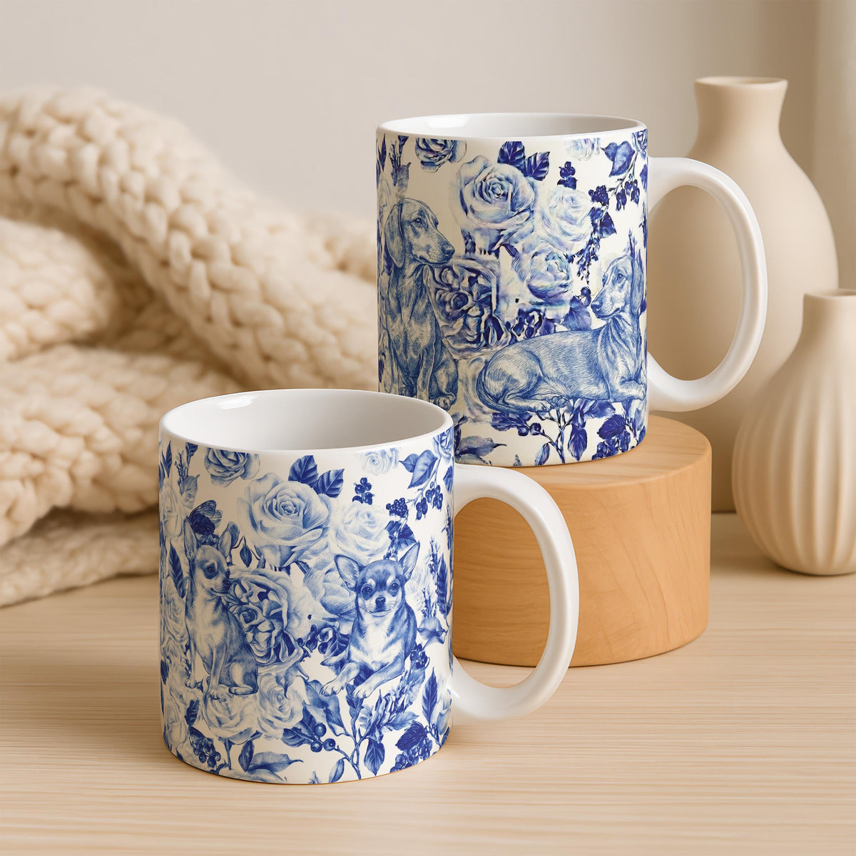 Chinoiserie Ceramic Mug, Pomeranian Coffee Cup, Dog Mom Gift, Vintage Blue Floral Pet Mug, Dog Lovers and Owners Present
