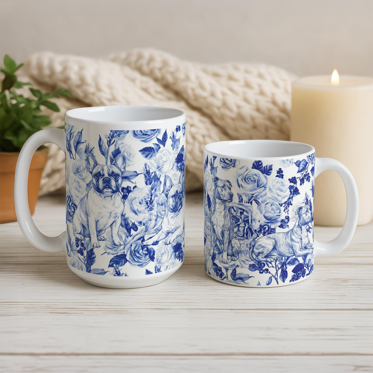 Chinoiserie Ceramic Mug, Pomeranian Coffee Cup, Dog Mom Gift, Vintage Blue Floral Pet Mug, Dog Lovers and Owners Present