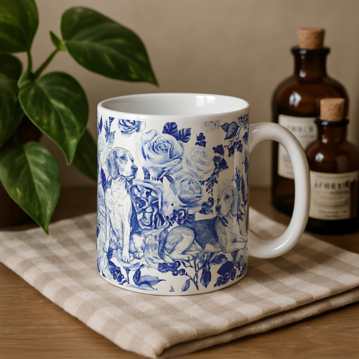 Chinoiserie Ceramic Mug, Pomeranian Coffee Cup, Dog Mom Gift, Vintage Blue Floral Pet Mug, Dog Lovers and Owners Present