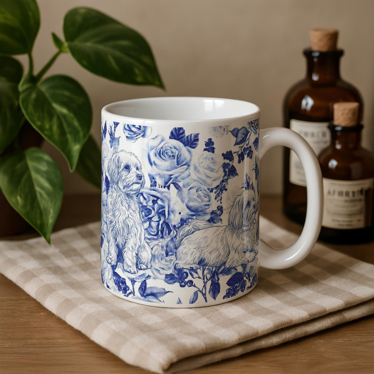Chinoiserie Ceramic Mug, Pomeranian Coffee Cup, Dog Mom Gift, Vintage Blue Floral Pet Mug, Dog Lovers and Owners Present