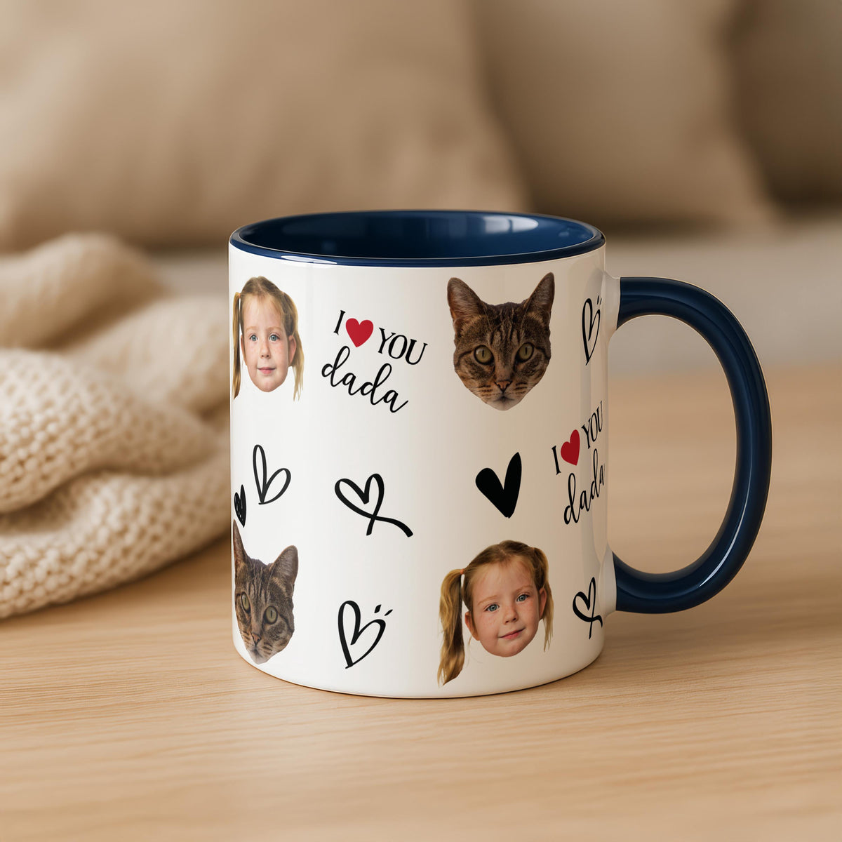Custom I Love You Dada Mug, Kid's & Pet's Face Photo Personalized Cup, Father's Day Mugs, Cats Lover Dad Birthday Present