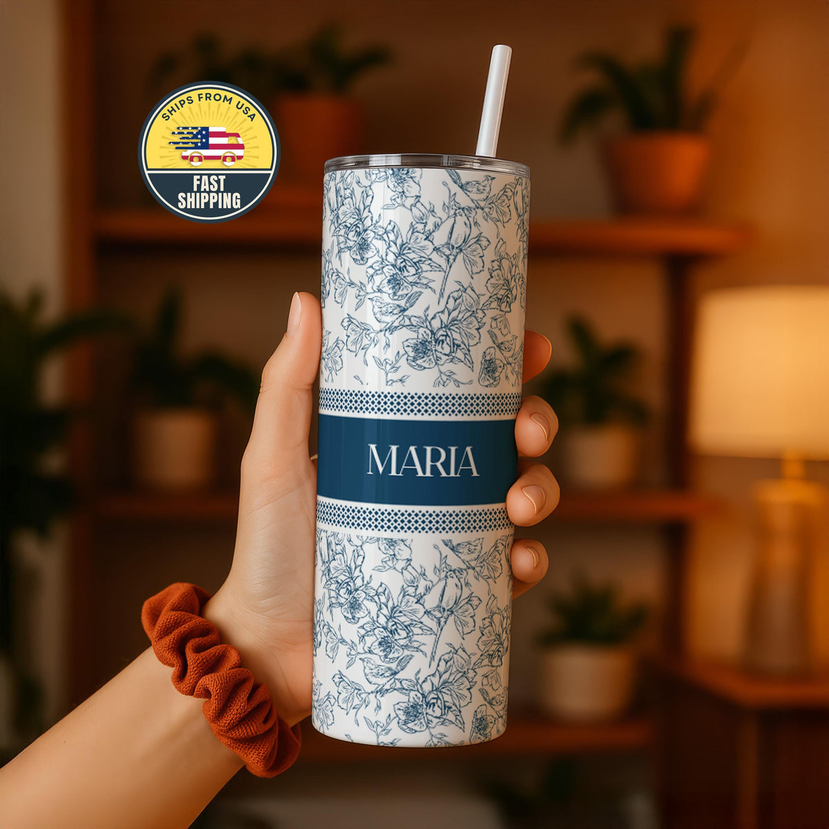 Personalized Blue Floral Tumbler, Blue Floral Name Coffee Cup, Floral Gifts for Her